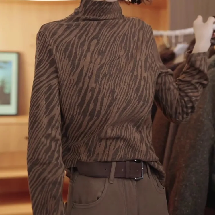 印花长袖休闲风速干渐变高领女T恤复古打底衫半高领气质网红上衣