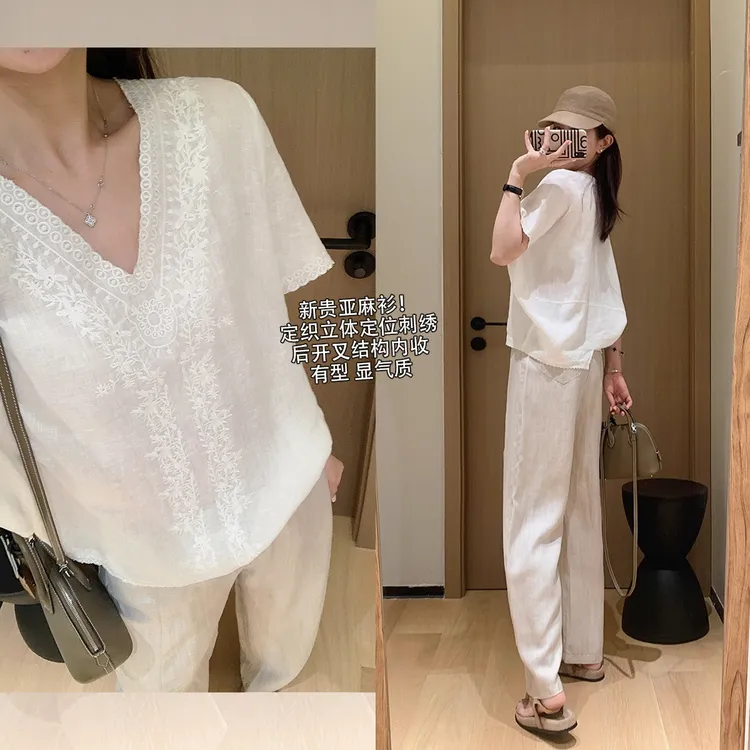 大叮自制【新贵亚麻衫】定织亚麻定位刺绣V领宽松薄款衬衣！S5956