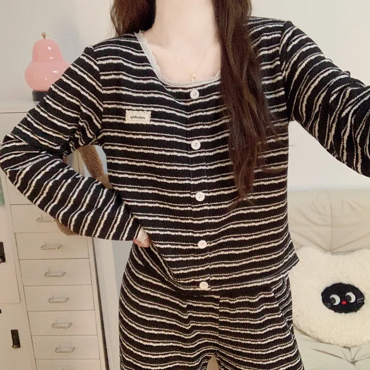 【带胸垫一体】韩系简约风睡衣女款春秋季亲肤棉长袖长裤家居服套装