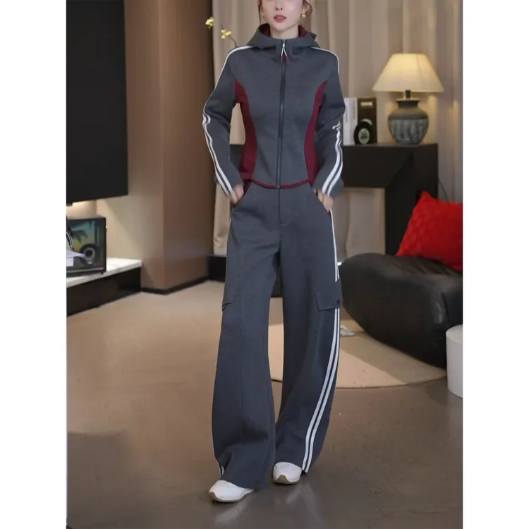 时尚套装女秋冬新款撞色网红长袖圆领都市休闲风运动阔腿裤两件套