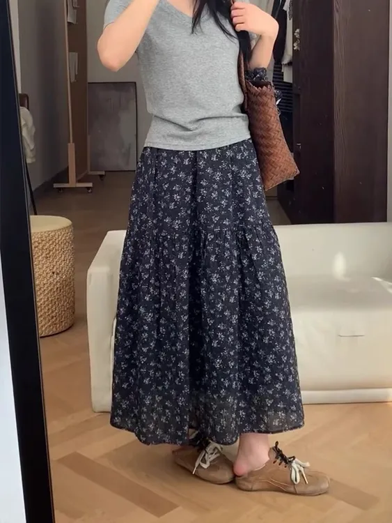 复古法式碎花a字印花裙女春秋新款休闲百搭高腰中长款显瘦半身裙