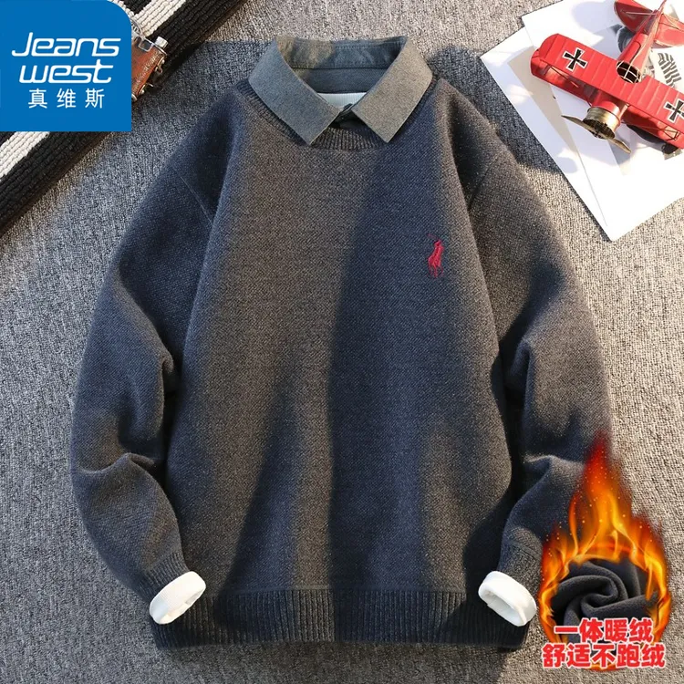 Jeanswest/真维斯衬衫领刺绣毛衣男冬季打底一体绒加绒加厚假两件