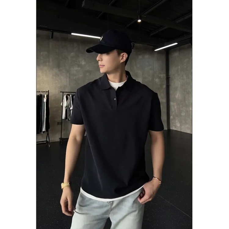 藏青假两件正肩短袖男款polo衫美式痞帅高级感重磅t恤华夫格半袖