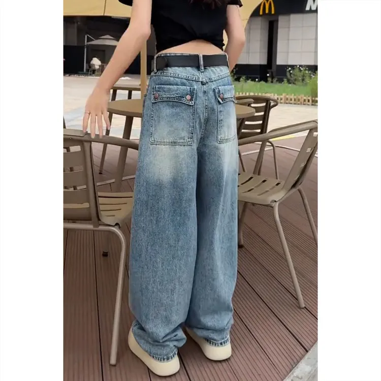 艾塔莉显瘦宽松大口袋牛仔裤女夏季新款慵懒感阔腿裤大码弯刀裤
