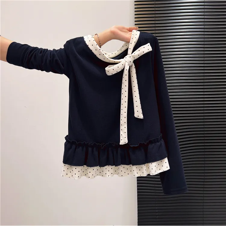 假两件波点蝴蝶结针织衫2025秋冬季大码女装胖mm巨好看假两件上衣