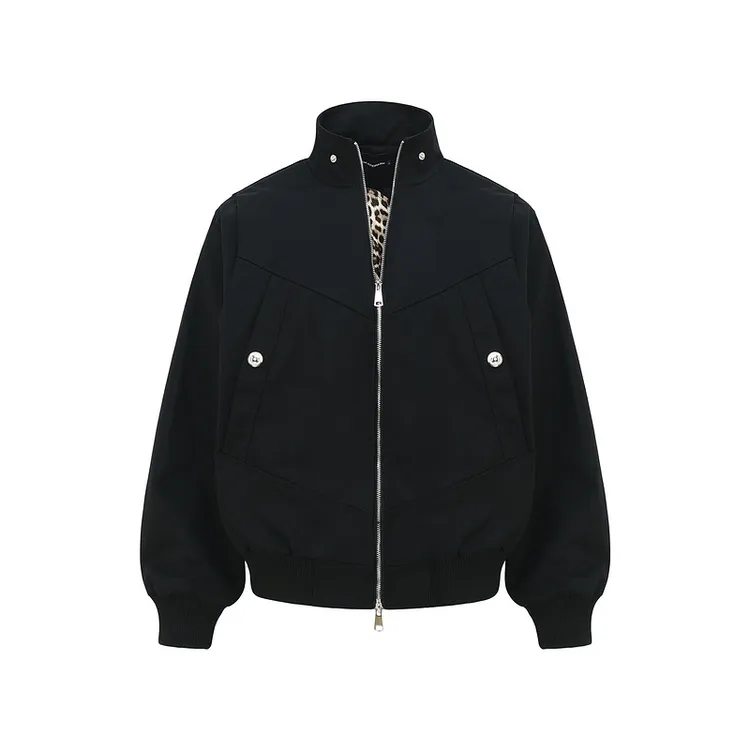 欧美街头潮流豹纹门襟设计拼接拉链立领夹克外套日系复古中性风衣