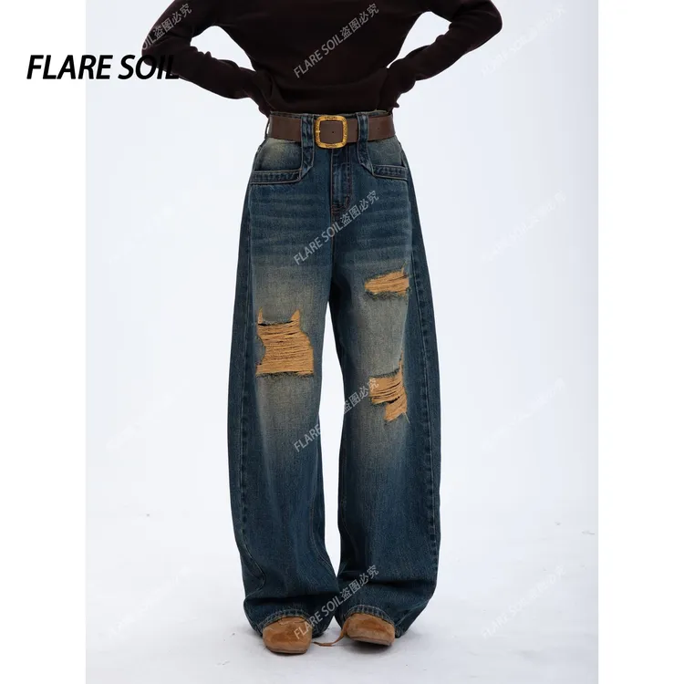 【FLARE SOIL】破破牛仔慵懒风秋季牛仔裤高街破洞潮流做旧 T4708B