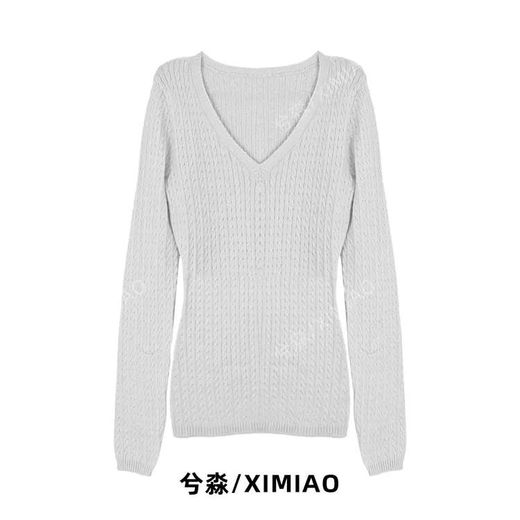 【老钱风】V领麻花针织毛衣女新款气质百搭长袖套头上衣打底衫