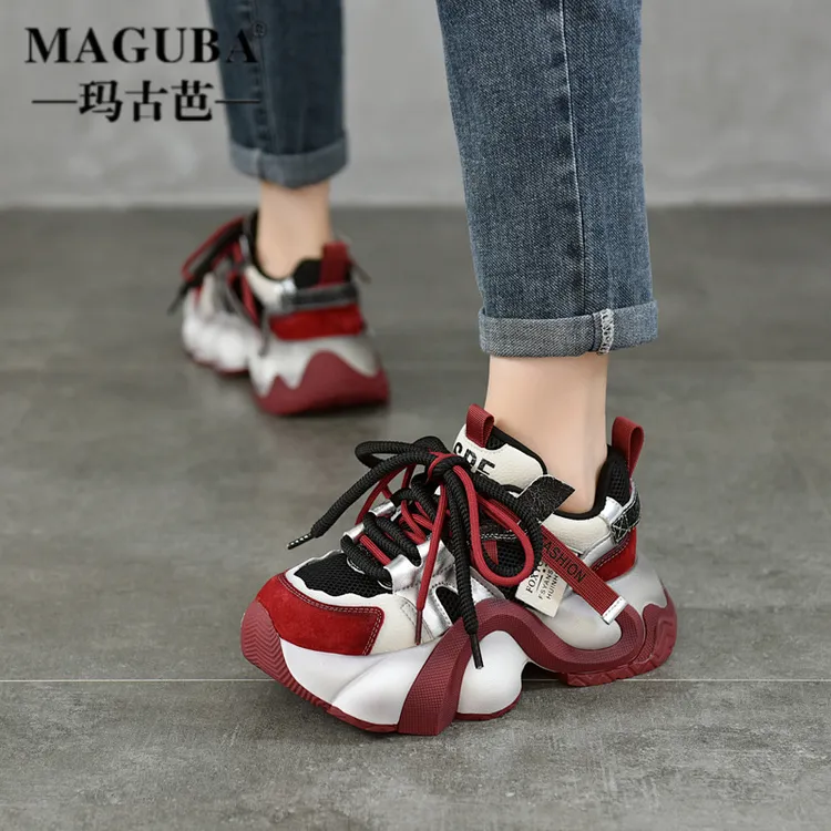 MAGUBA/玛古芭轻奢老爹鞋女士厚底增高网面软底透气拼色时尚百搭