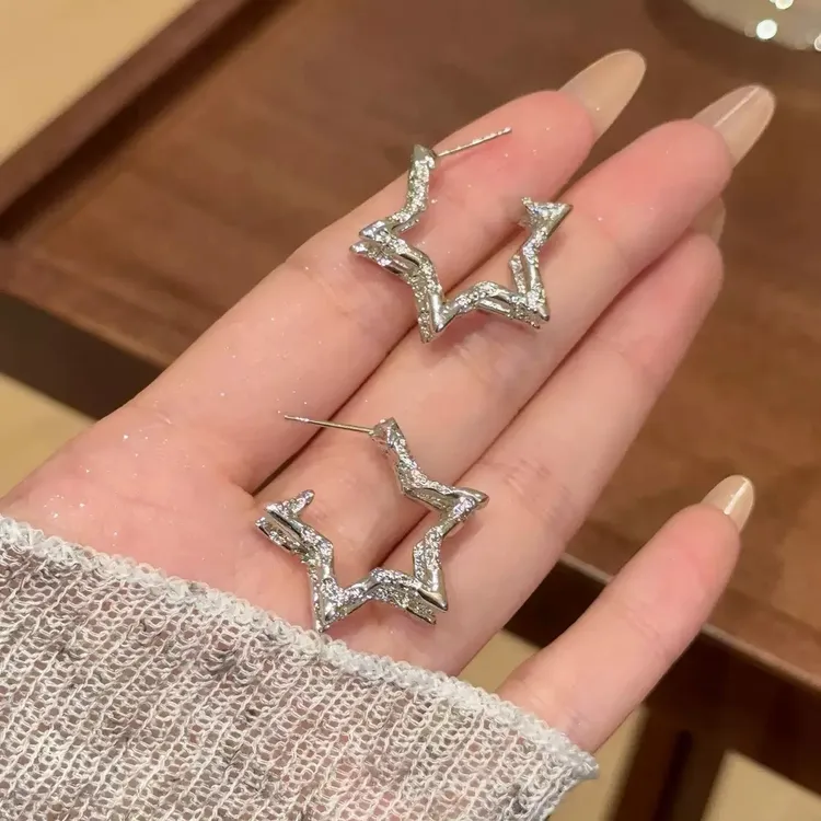 合金耳饰 纹理感双层镂空五角星耳钉女轻奢简约独特耳环气质百搭