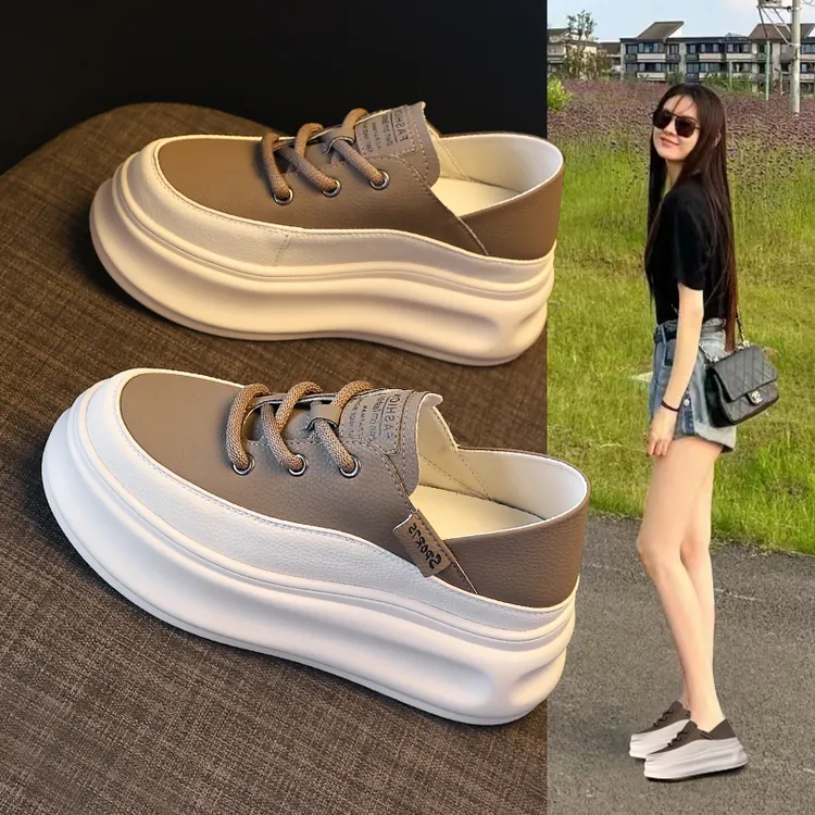 两穿小白鞋女厚底8cm内增高新款秋季休闲板鞋内增高懒人单鞋百搭