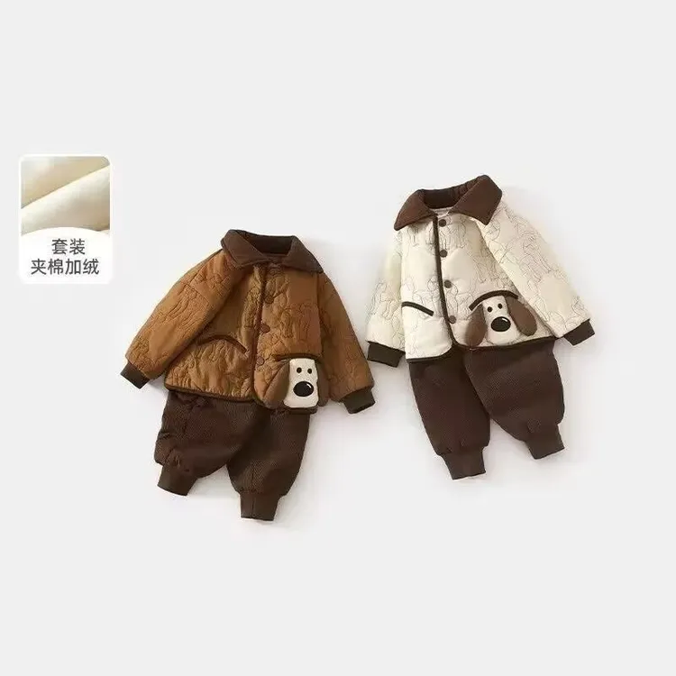 儿童套装冬装新款儿童加绒夹棉外套棉服裤子冬季男宝宝衣服两件套