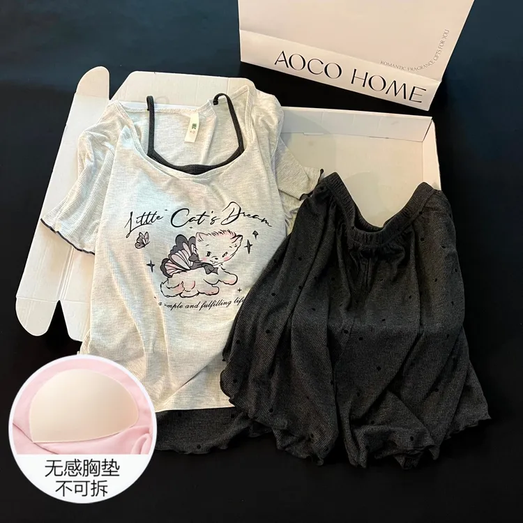 睡衣女士夏季短袖高级感带胸垫2025新款凉感灰翅猫家居服夏天套装