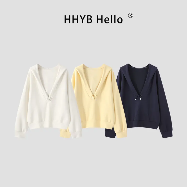 HHYB Hello宽松显瘦长袖上衣女韩系慵懒褶皱抽绳连帽卫衣250651