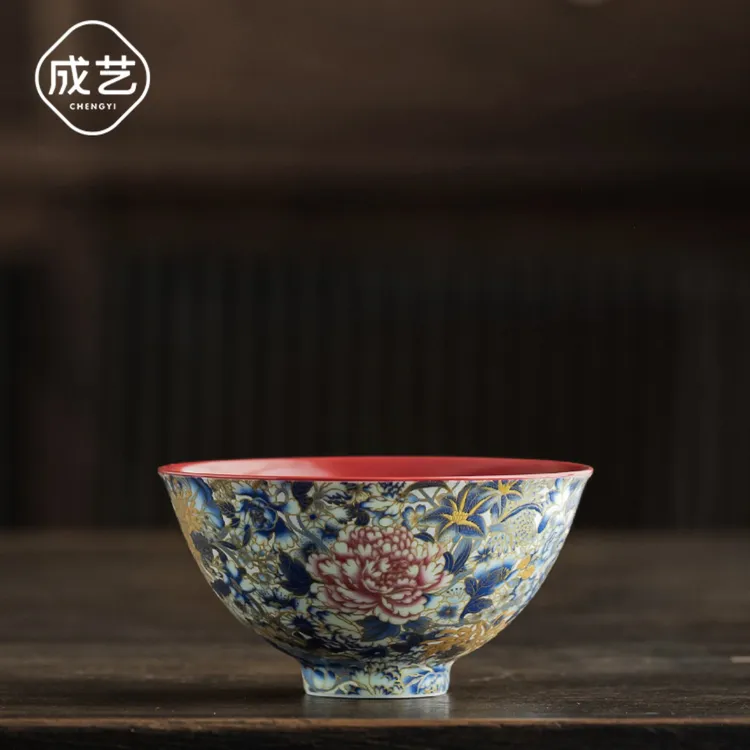 万花银锦中国红主人杯高端功夫茶具个人陶瓷必备泡茶器具斗笠茶杯