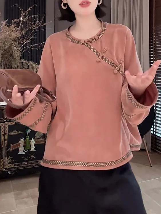 甜美温柔风新中式复古斜襟盘扣粉色衬衫女装2025秋季新款减龄上衣