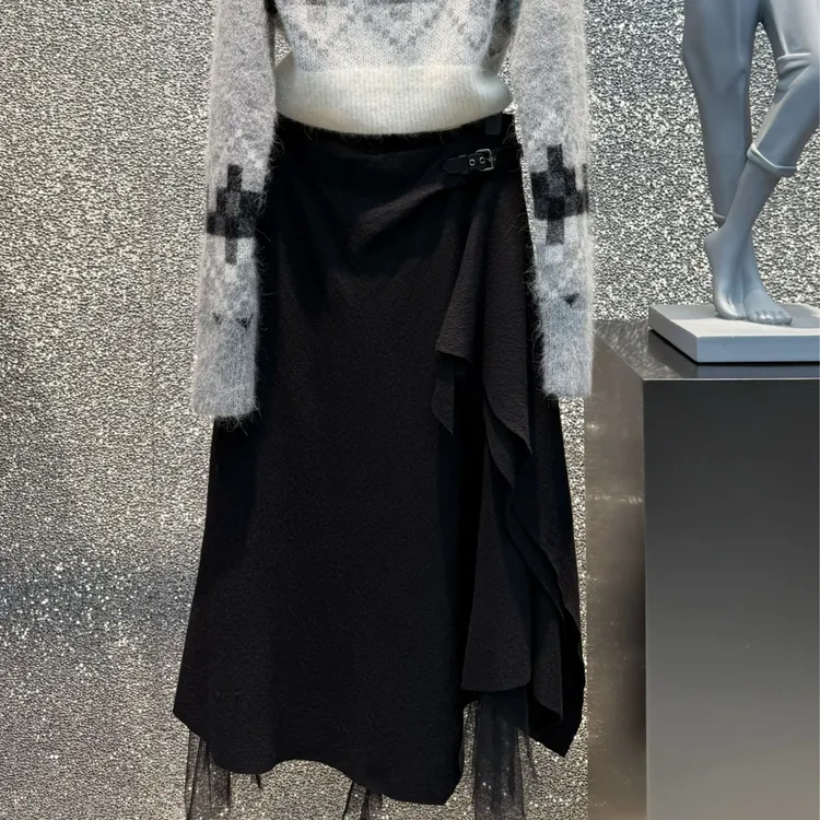 圣迪奥女装高腰显瘦通勤时尚拼接不规则A字长裙S21481104