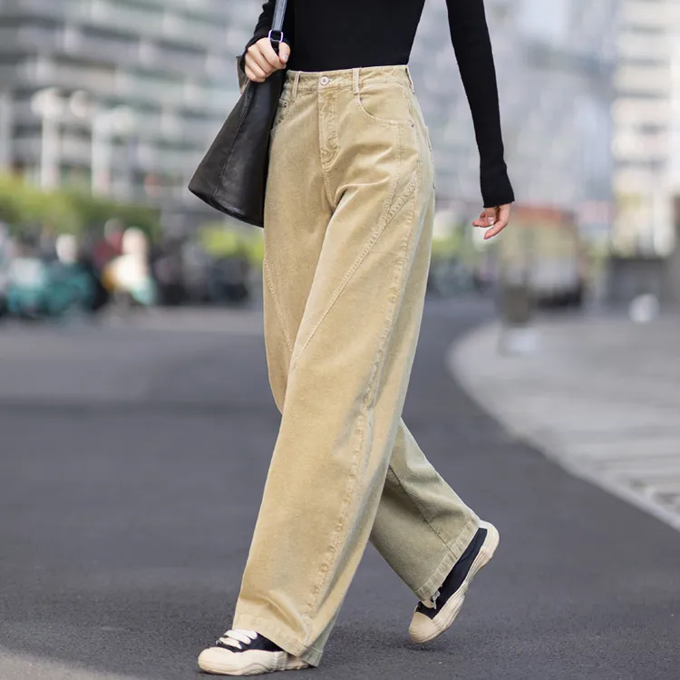 卡其色灯芯绒裤子加绒休闲裤女2025新款小个子秋冬季条绒裤弯刀裤