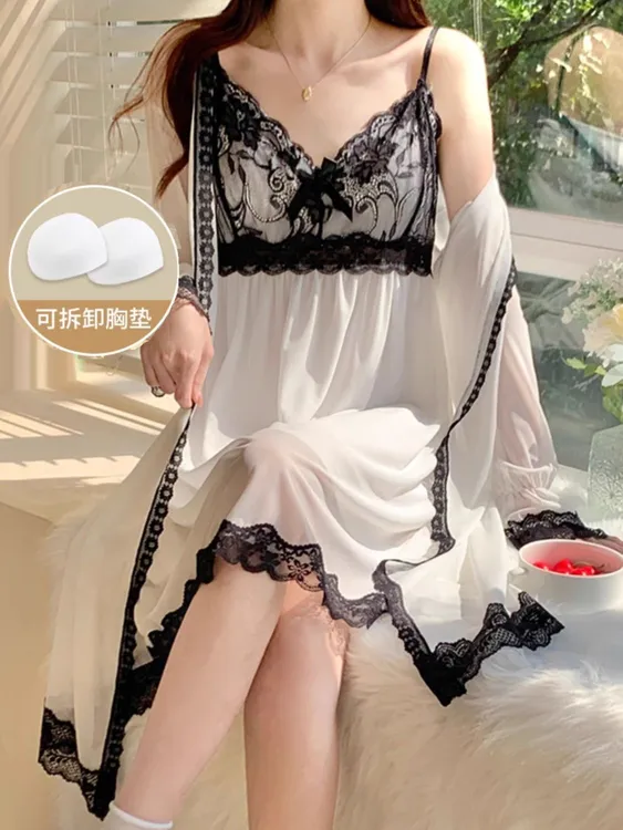网纱睡裙女春秋季长袖性感纯欲风睡衣夏天薄款家居服两件套带胸垫