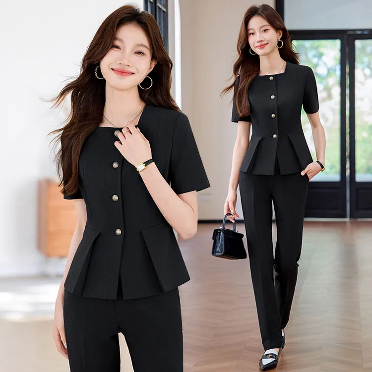 黑色短袖西装女士夏季薄款正装职业气质工作服美容院西服休闲外套