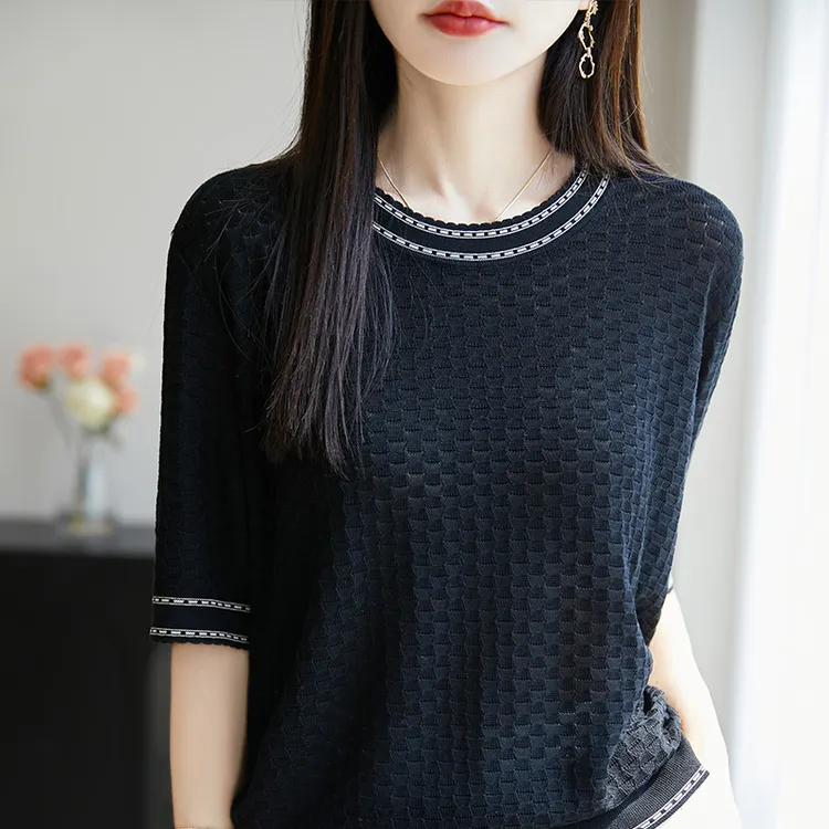 品牌2025夏季新款莱赛尔天丝法式小香风圆领毛针织衫女士短袖上衣