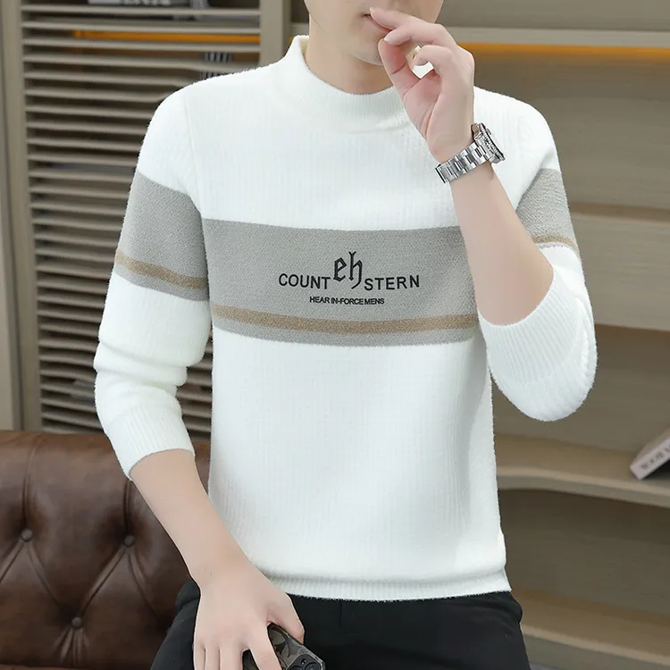 高档半高领一体绒加厚提花毛衣男士时尚保暖针织打底衫男装7132