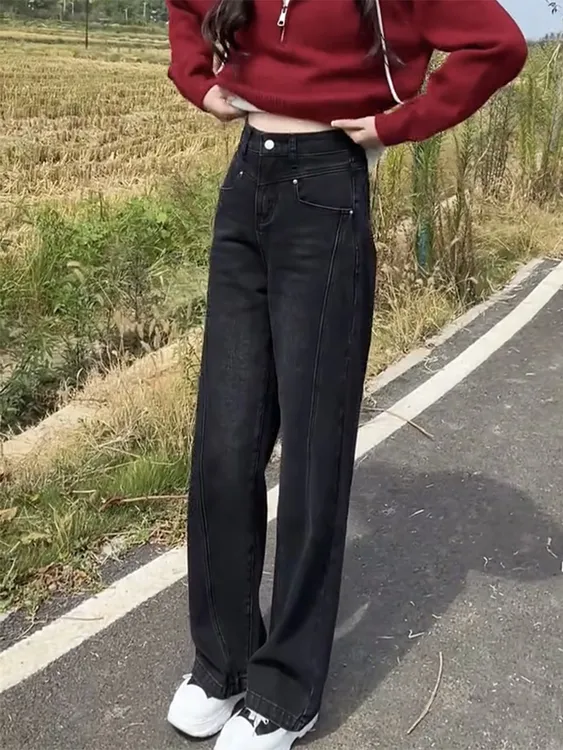 2025年秋冬新款加绒牛仔裤女大码显瘦直筒裤阔腿裤遮肉拖地长裤子