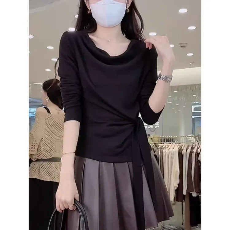 2025早秋新款百搭修身长袖T恤女韩系ins风荡领系插美式长袖t恤