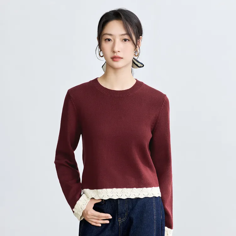 茵曼撞色拼接套头针织衫女秋季复古宽松慵懒百搭休闲圆领毛衣