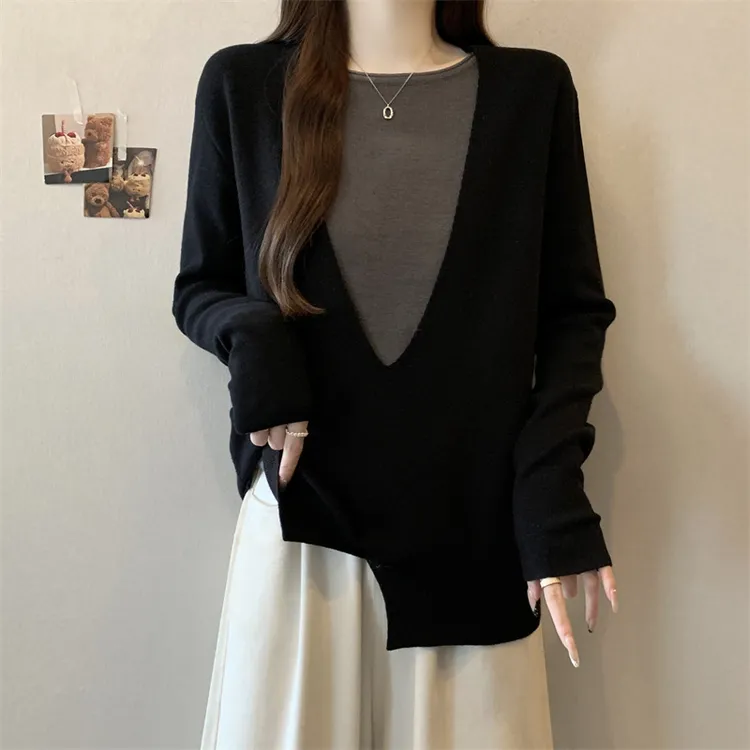 大码女装撞色假两件拼接针织衫女秋冬胖妹妹宽松显瘦毛衣爆款上衣