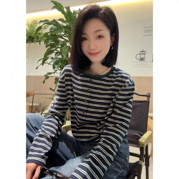 GIRDEAR/哥弟T恤宽松型慵懒风外穿女宽松长袖条纹套头内搭130112