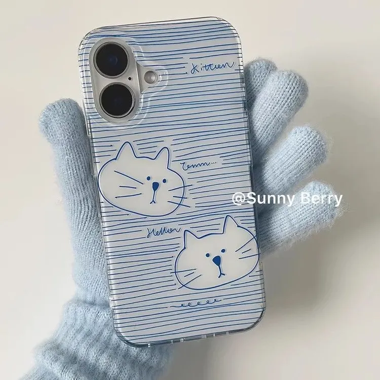 ins简约蓝线条两只猫咪适用苹果16Promax手机壳vivo华为oppo小米