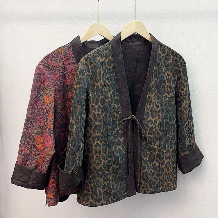 香云纱100%桑蚕丝短款外套女春秋新款披风开衫女提花中式长袖上衣