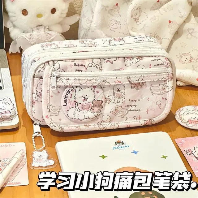 可爱高颜值少女心小狗印花笔袋学生大容量透明翻盖多功能拉炼笔袋
