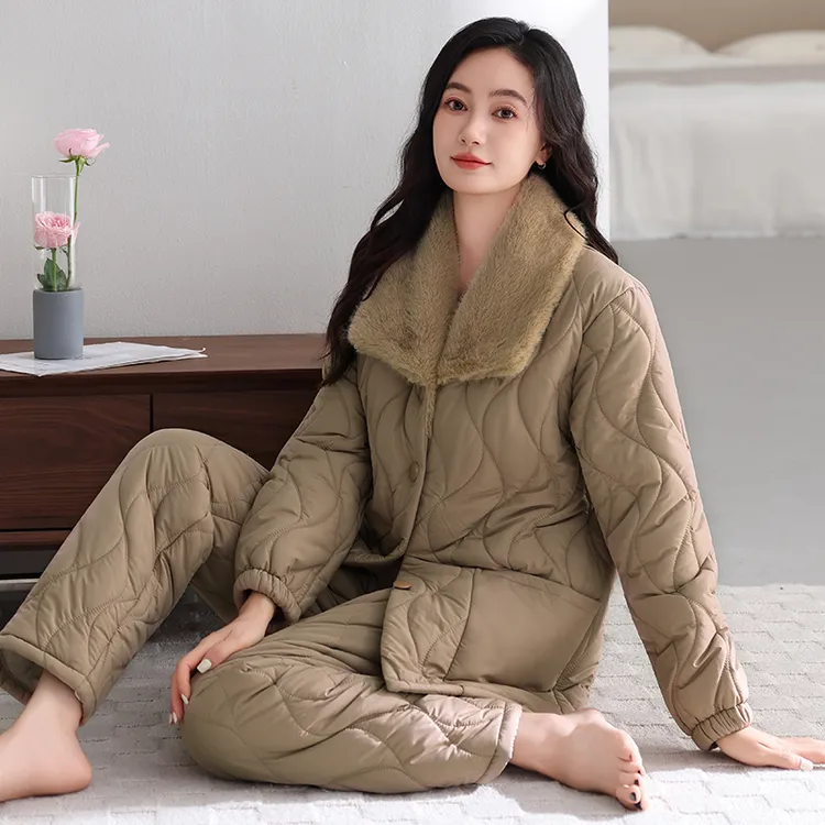 睡衣女秋冬季三层夹棉加厚冬款珊瑚绒加绒羽绒棉服保暖家居服套装