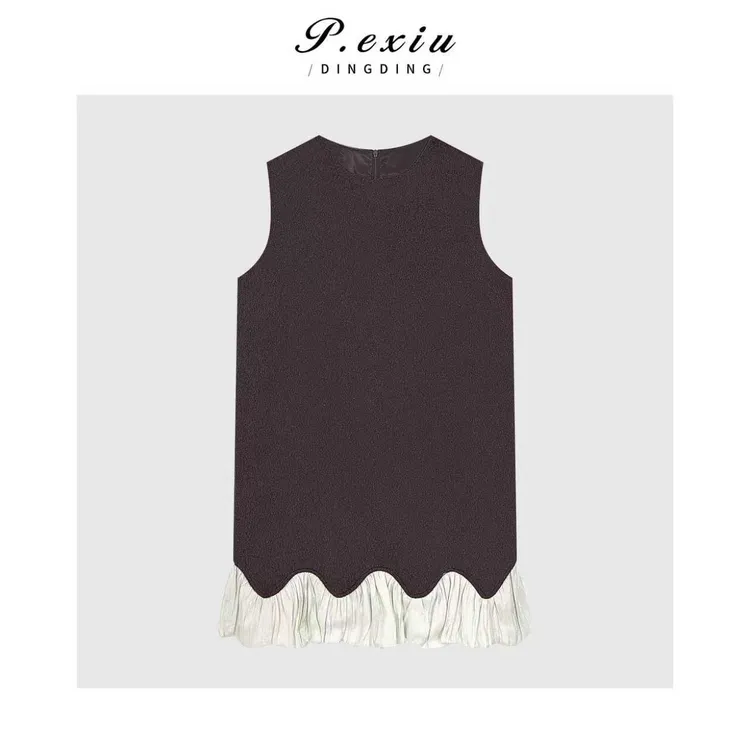 澳洲羊毛法式气质拼接波浪下摆无袖连衣裙 M9190