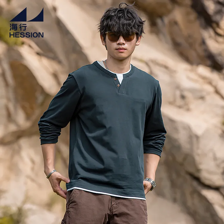 海行藏青色假两件纯棉亨利衫男秋季宽松百搭通勤休闲收口长袖t恤
