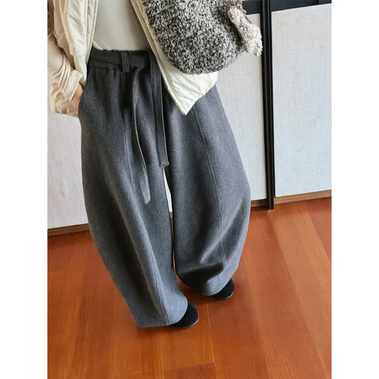 【唐悠悠】460g加厚磨毛羊毛呢料气球弯刀裤女宽松慵懒风休闲长裤