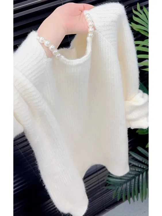 温柔风减龄白色圆领针织衫女秋季2025新款高级感重工钉珠长袖毛衣