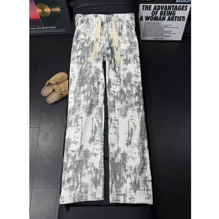 美式复古扎染灯芯绒裤子男款秋冬加绒加厚直筒宽松抽绳束脚休闲裤