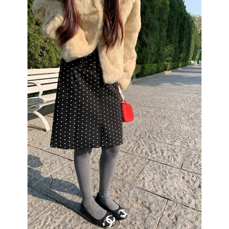 冬季新品高腰加厚波点半身裙女小个子显瘦中长裙