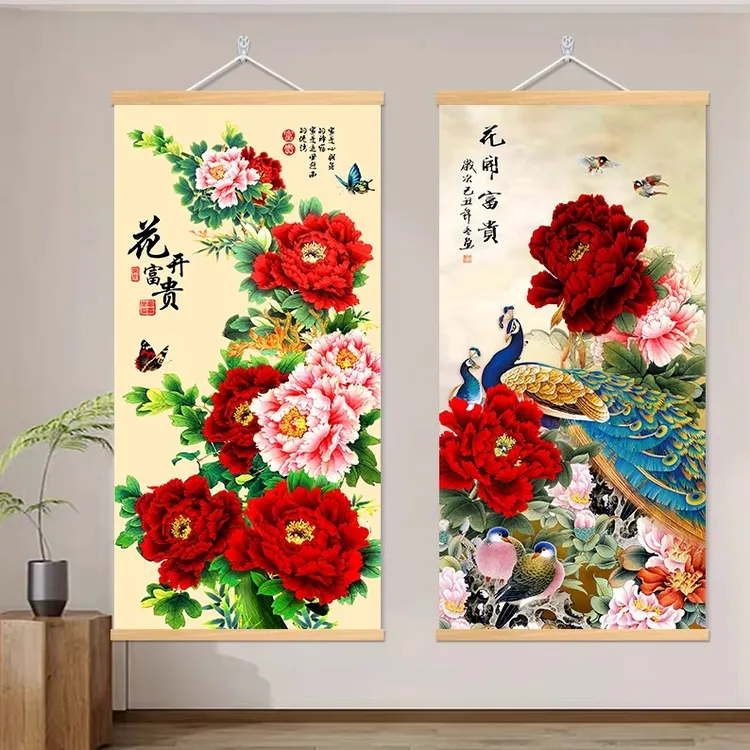 花开富贵牡丹花挂画客厅装饰画玄关卷轴画油布艺背景壁画寓意吉祥