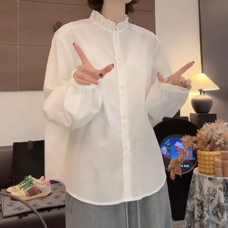 小众设计花苞领白色长袖衬衣女2025秋冬新款潮流时尚百搭宽松衬衫