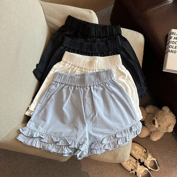 蓝色木耳边阔腿裤2025夏新花苞裤休闲少女运动松紧腰裤花边短裤子