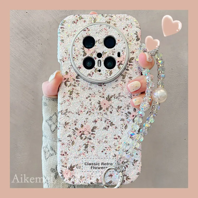 适用华为mate70pro+手机壳皮质磨砂Mate60pro+大视窗粉色梨花链条