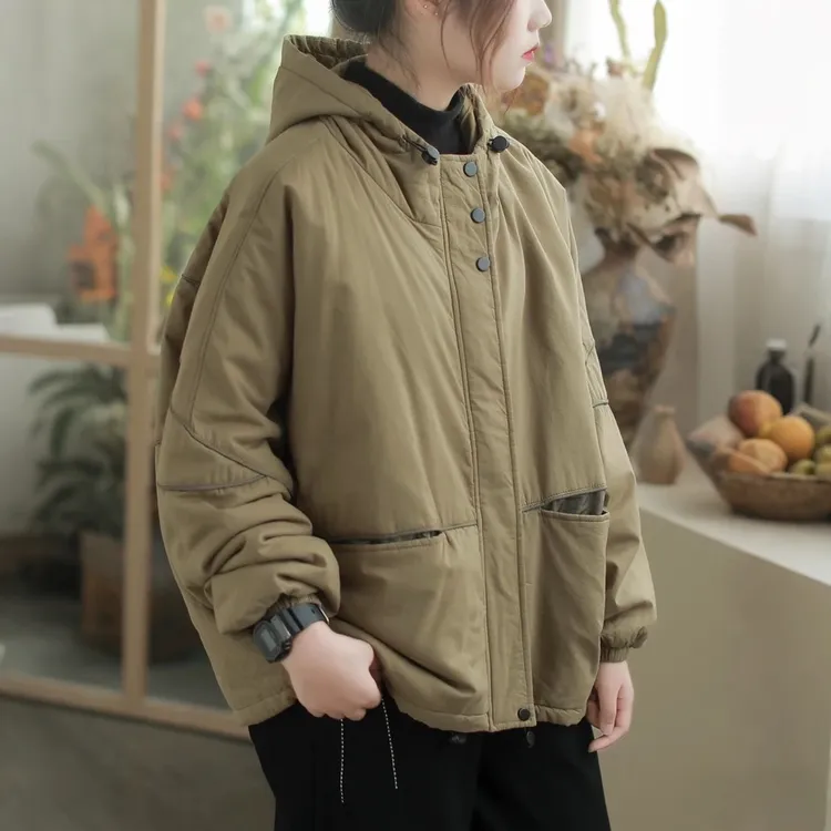 2025年新款棉衣外套秋冬纯色宽松复古休闲帽子通勤百搭女装棉服女