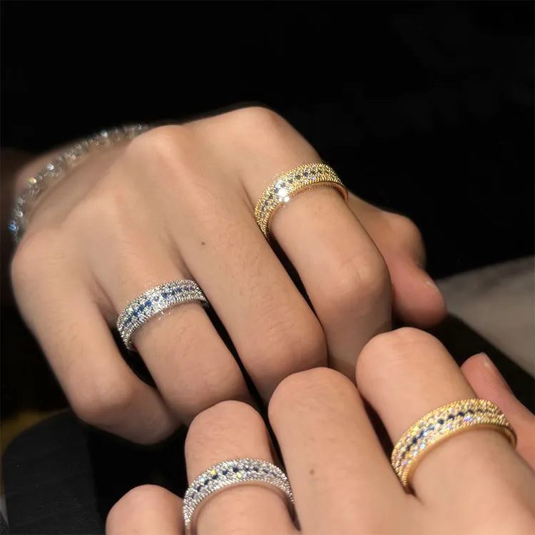 合金锆石戒指 欧美女士戒指微镶蓝白订婚戒指礼物七夕指环满钻男