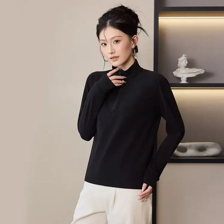 秋冬半高领卫衣女保暖黑色休闲时尚百搭显瘦立领纯色长袖拉链上衣