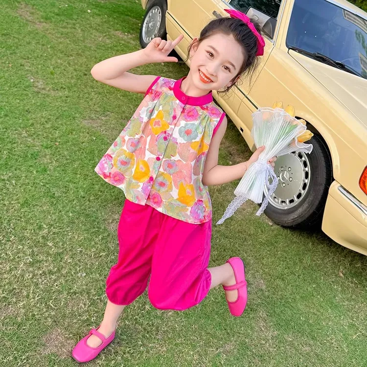 女童夏季薄款背心套装2025新款宝宝洋气夏装碎花上衣束脚裤两件套