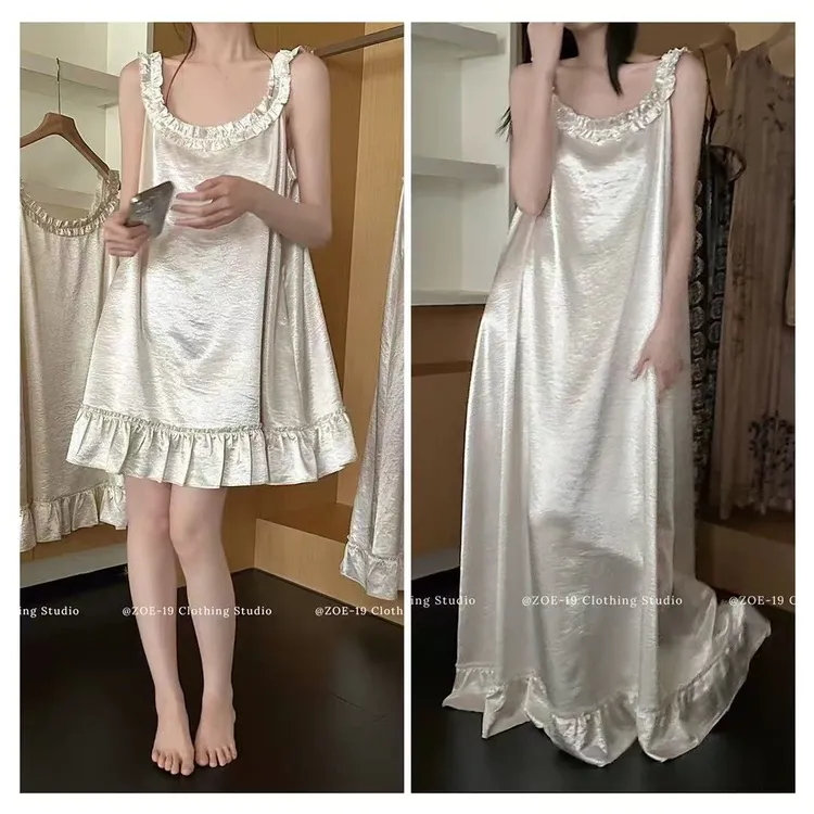 2025新款冰丝绸缎珍珠白公主睡裙女夏季甜美花边设计家居服睡衣